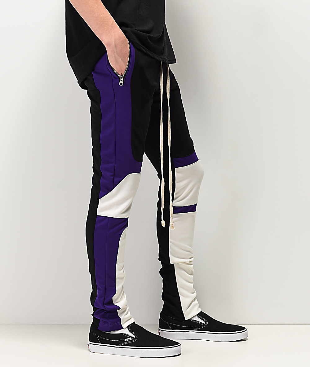 purple and white track pants
