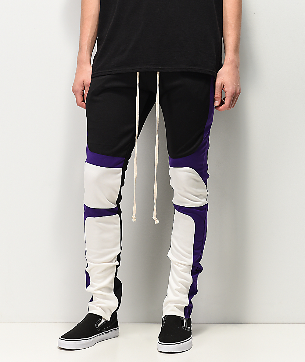 purple and white track pants
