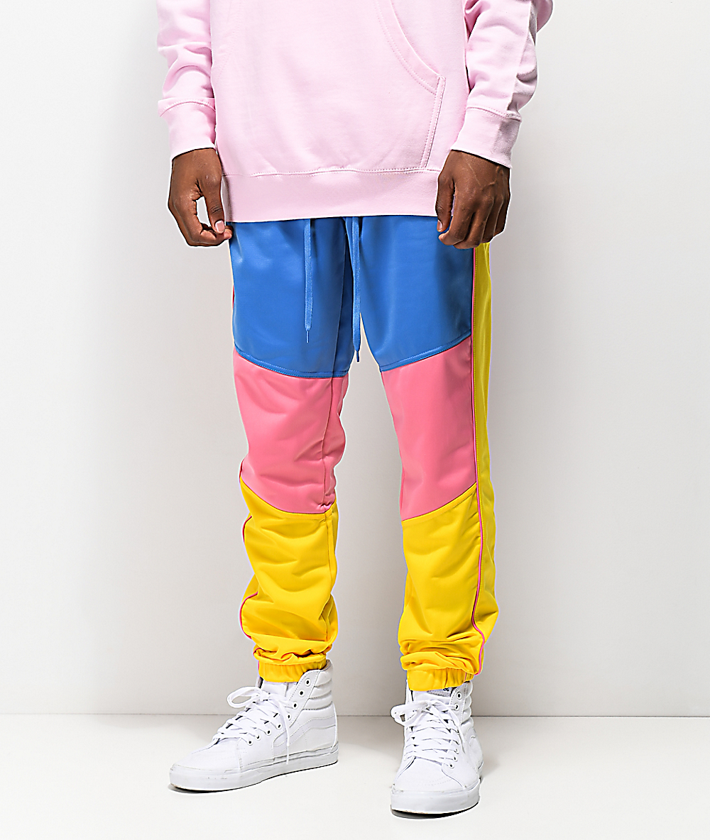 blue yellow track pants