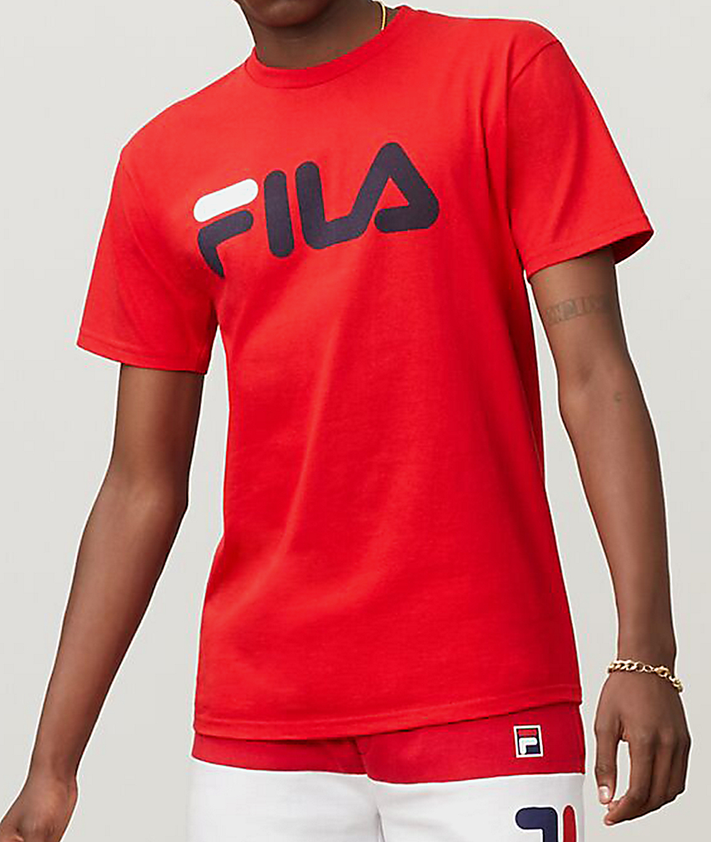 red black and white fila shirt