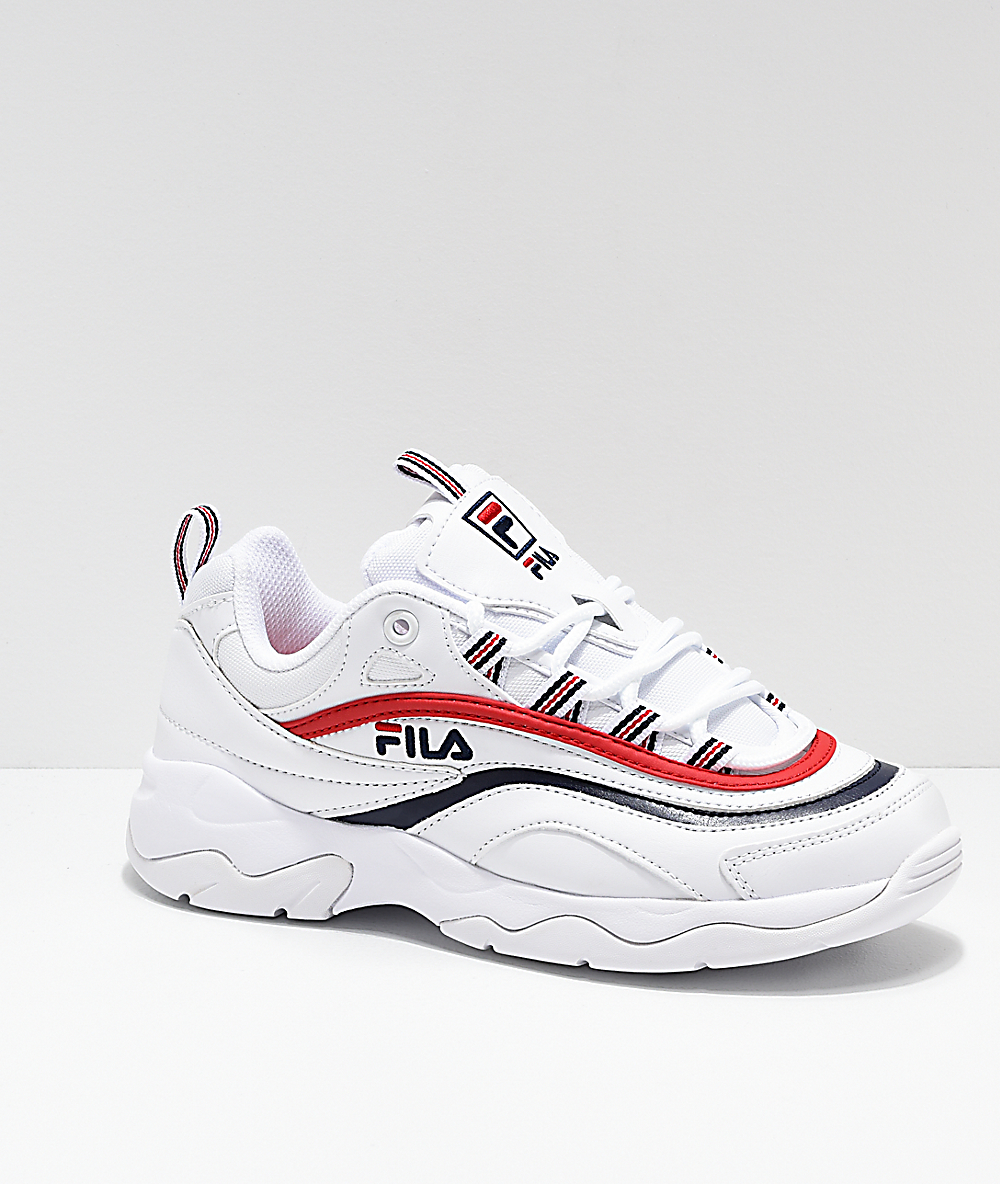 white and blue fila shoes