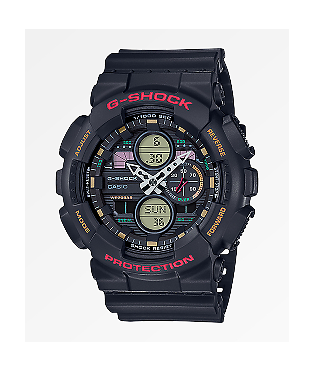 black and orange g shock watch