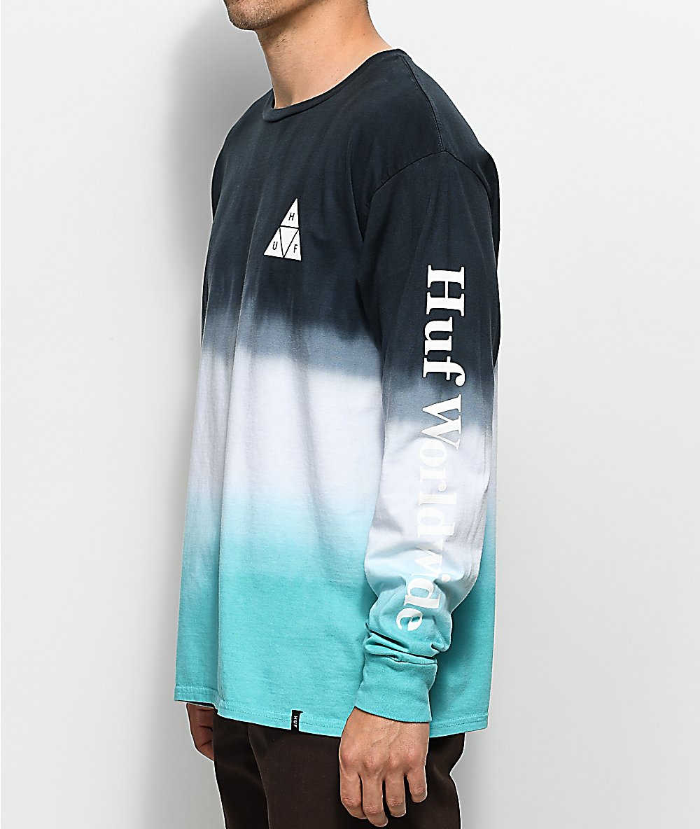 Huf Dip Dyed Aqua White Long Sleeve T Shirt