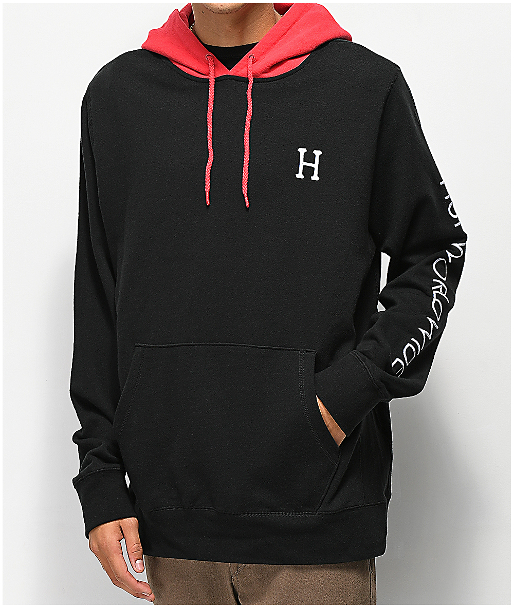 black hoodie with red hood