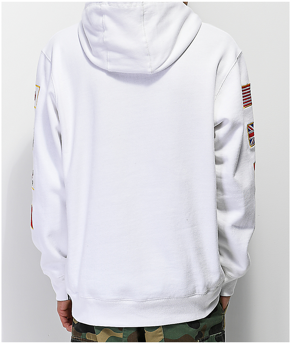 white hoodie with flags on sleeves