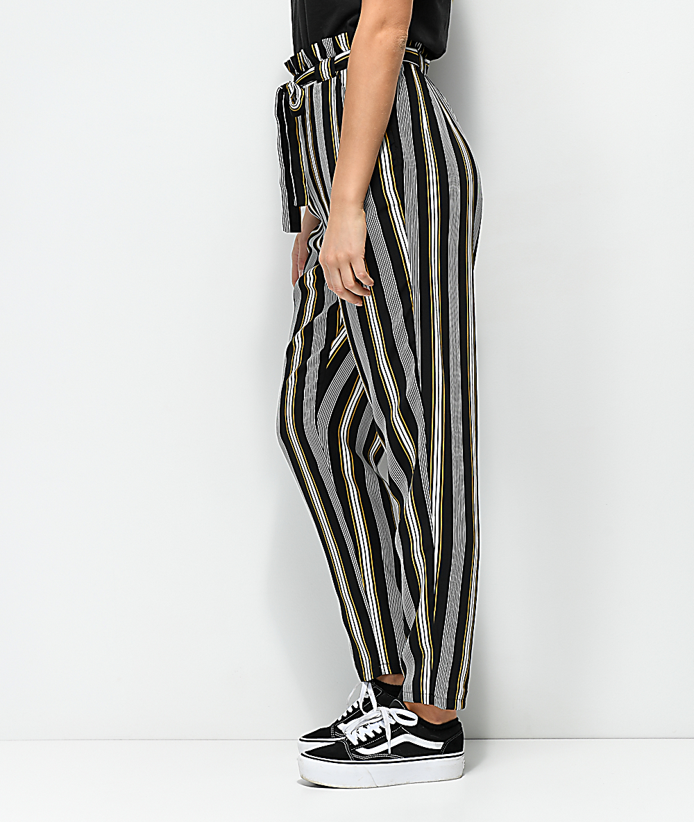 black and white striped paperbag pants