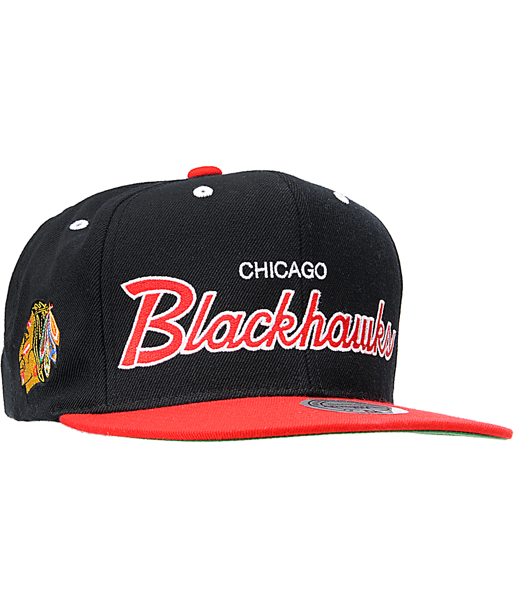 Mitchell /& Ness Chicago Blackhawks NHL Snapback Hat Cap All BLACK//BLACK