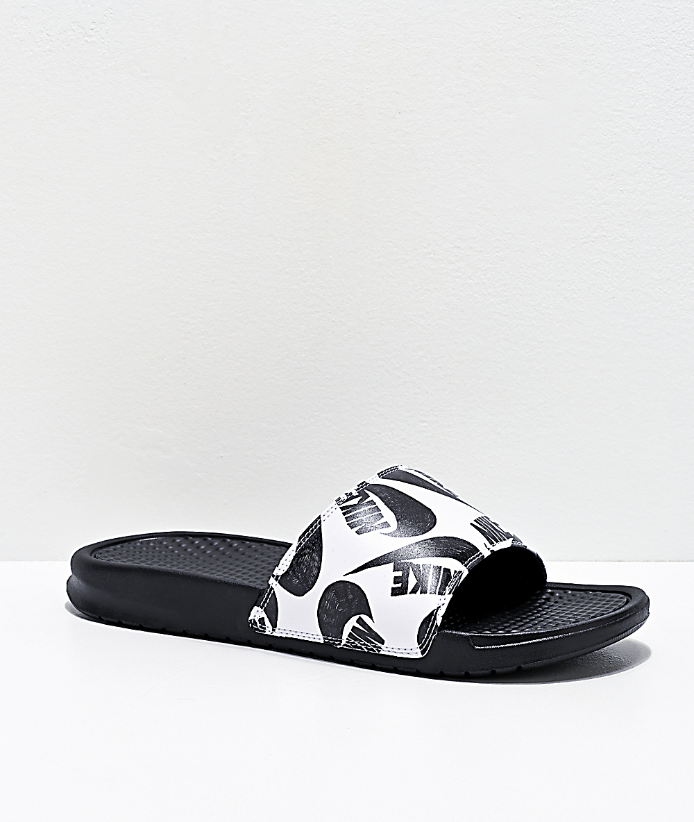 nike benassi black and white slides