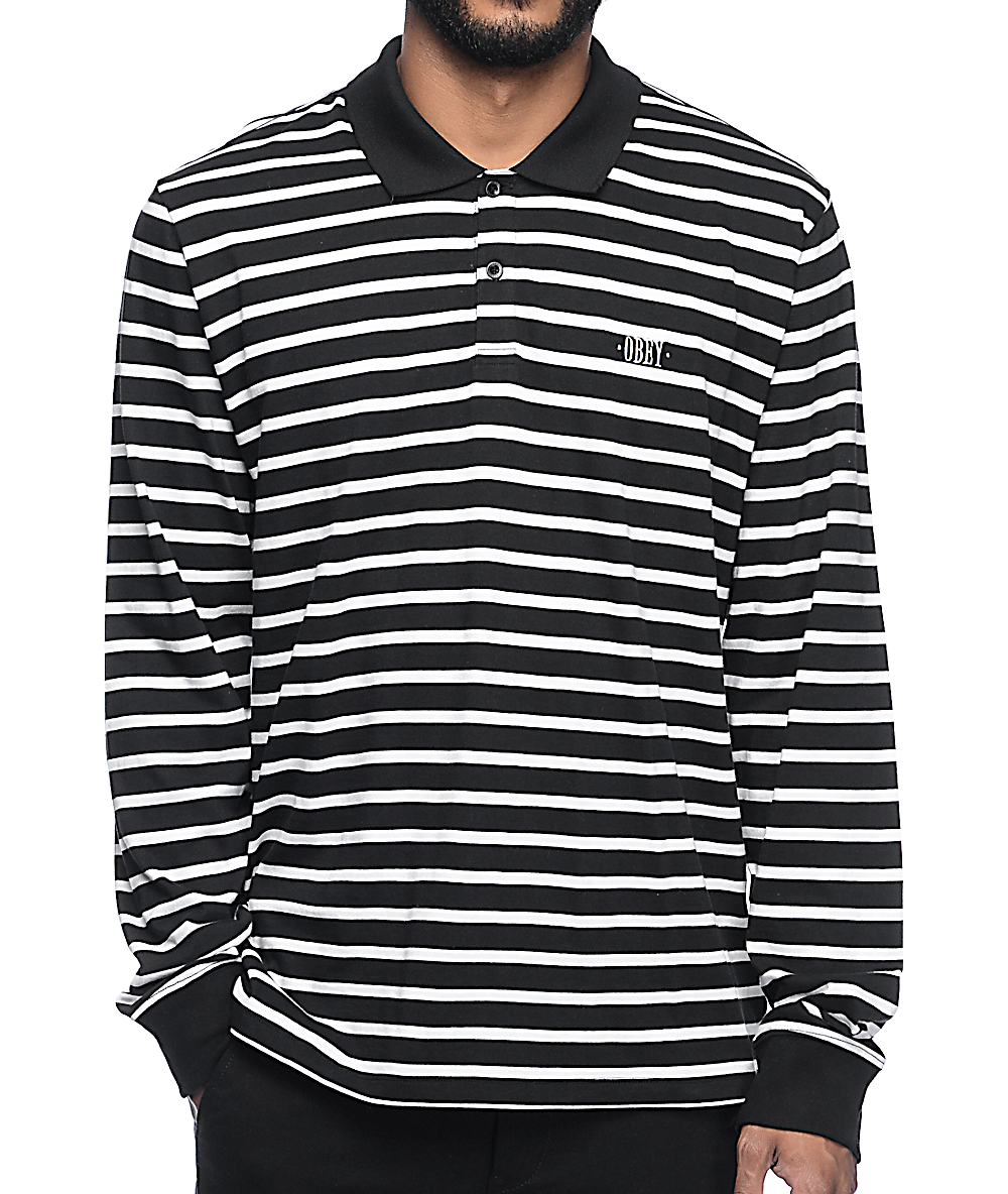 black and white striped long sleeve polo