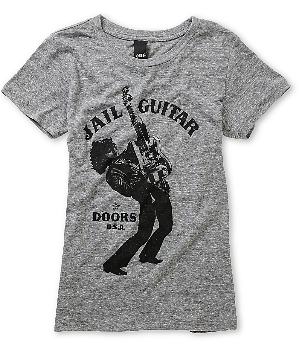 Obey Wayne Jail Guitar Doors Heather Grey T Shirt Zumiez