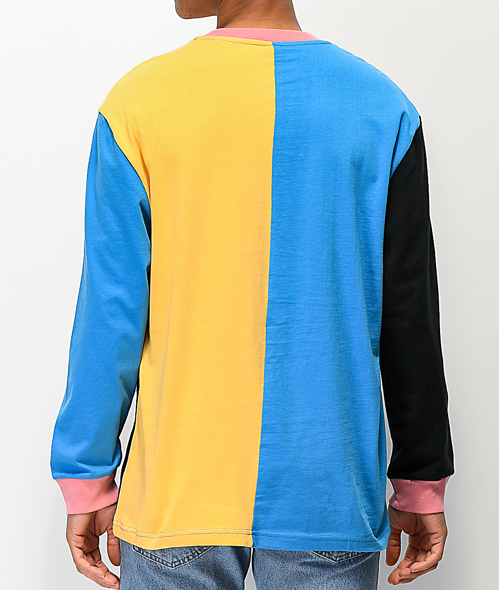 X-Future Mens Color Block Long Sleeve T-Shirt Lapel Regular Fit Embroidery Casual T-Shirt Tee Top