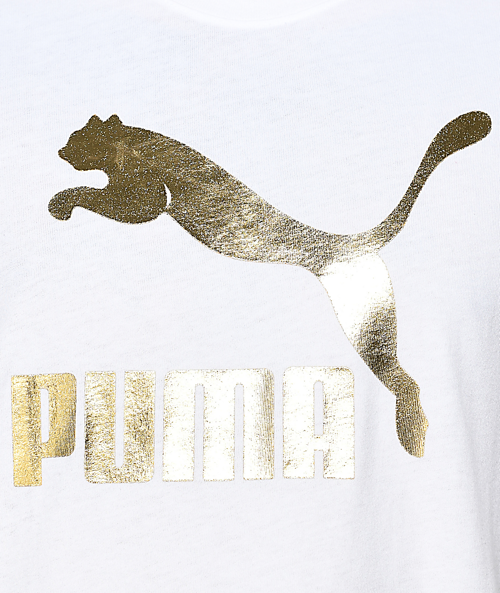 white and gold puma t shirt