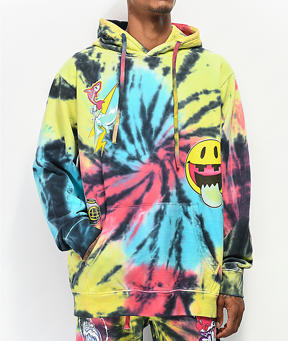 red and blue tie dye hoodie