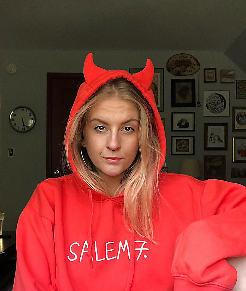 red hoodie with horns