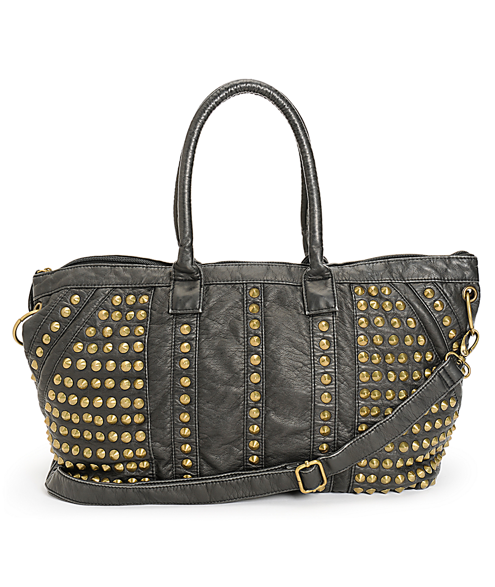 T Shirt Jeans Studded Black Fuax Leather Tote Bag