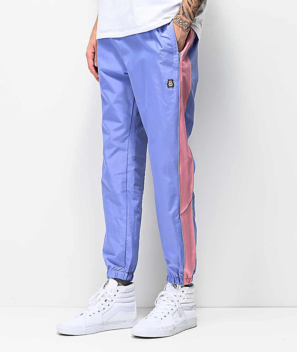 blue nylon track pants