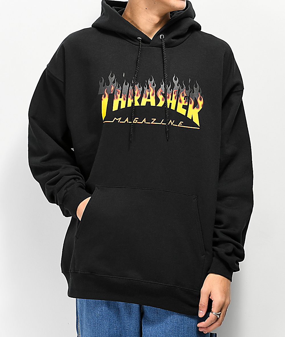 thrasher hoodie with flames on sleeves