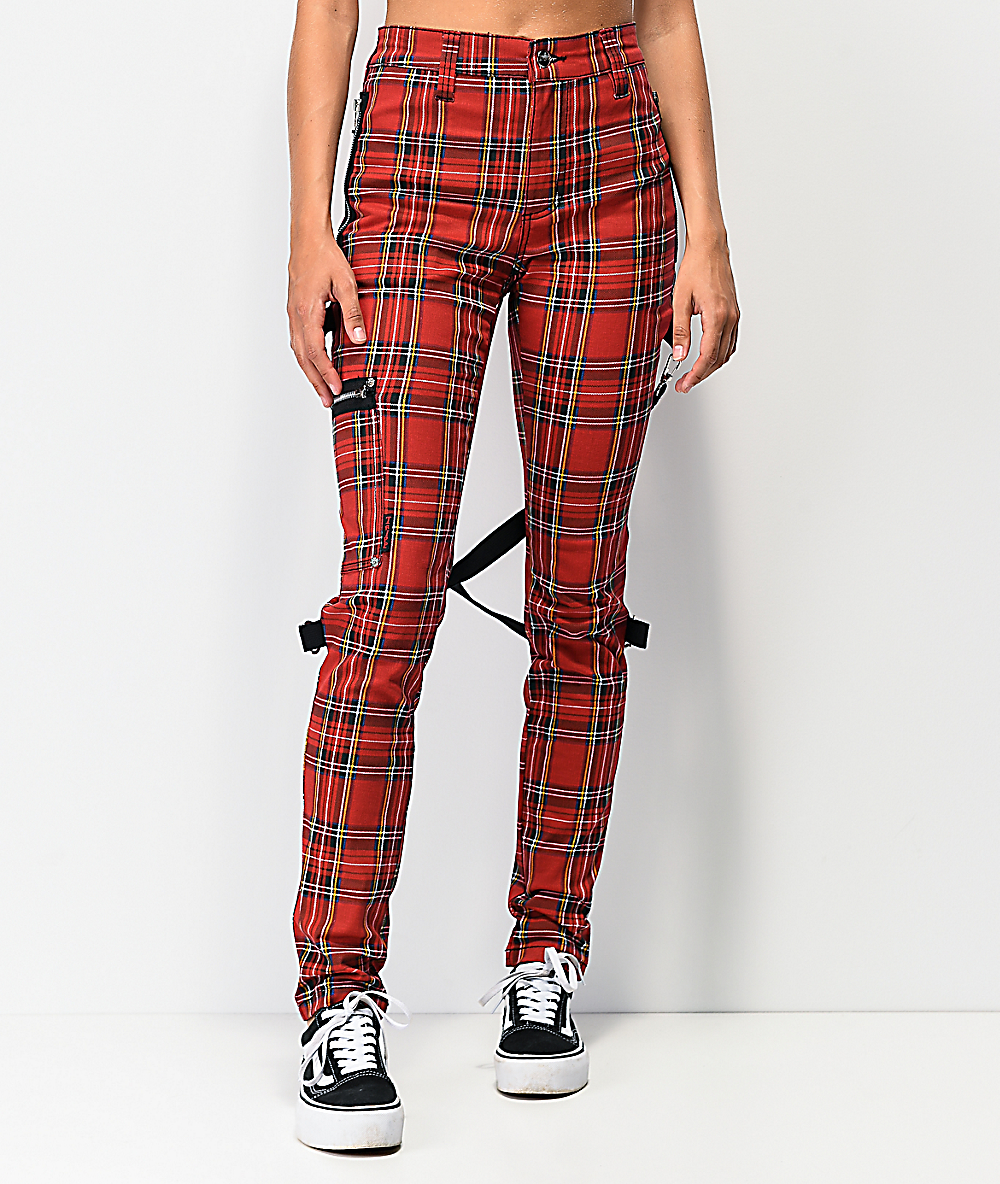 plaid skinny zip track pants