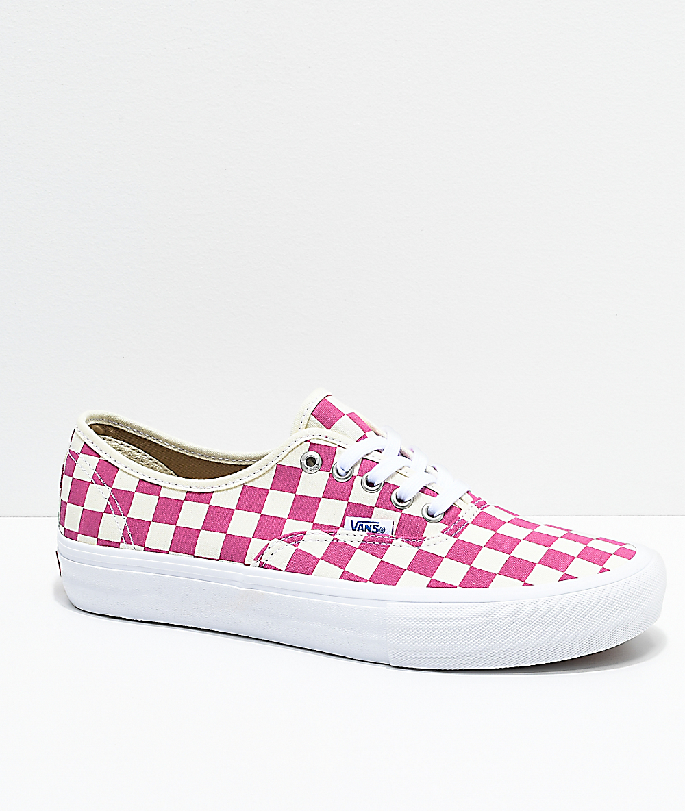 pink checkered lace up vans