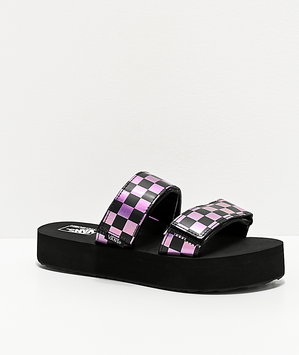 vans black checkerboard slides