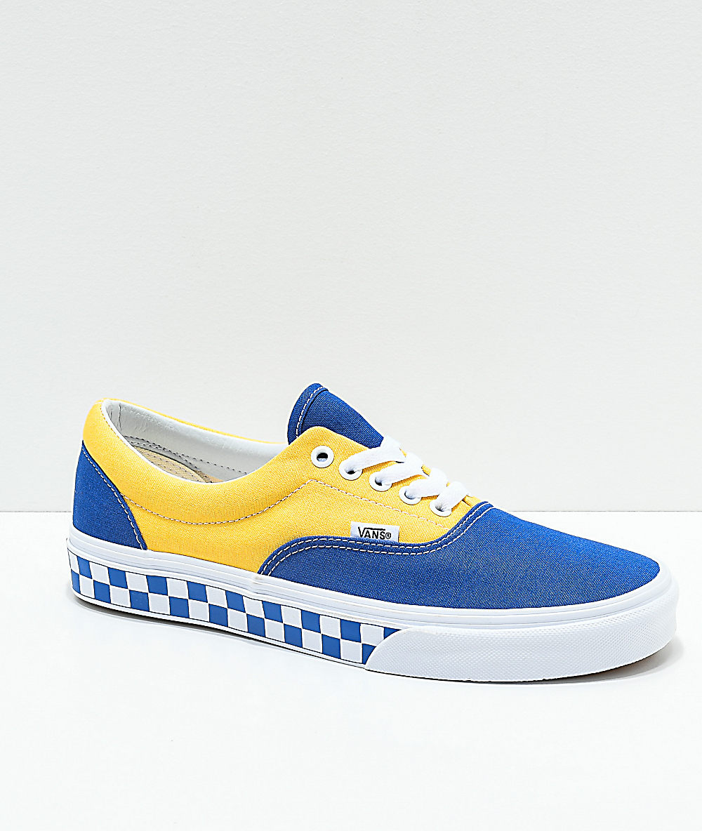 blue yellow and white sneakers