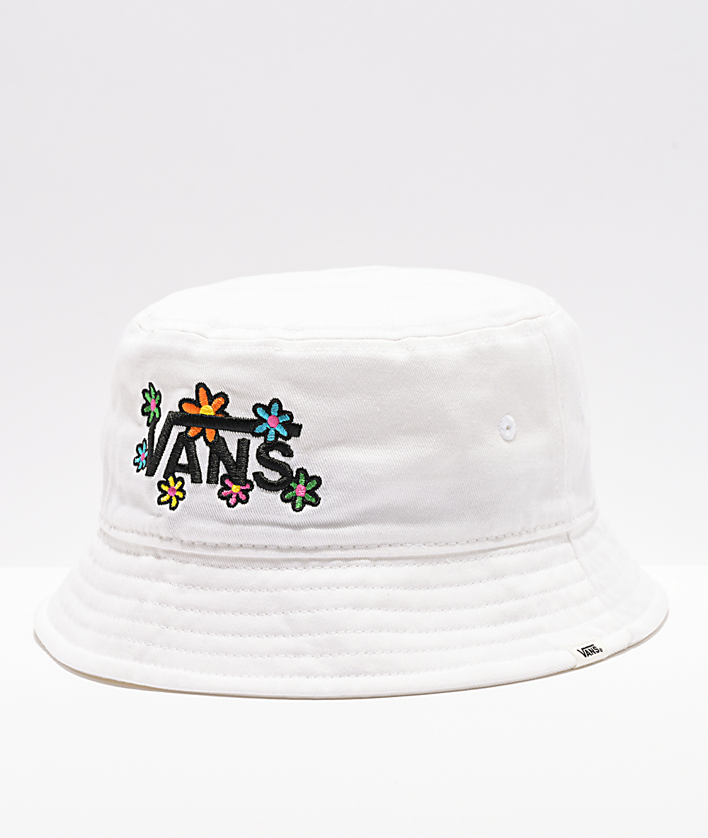 white floral bucket hat