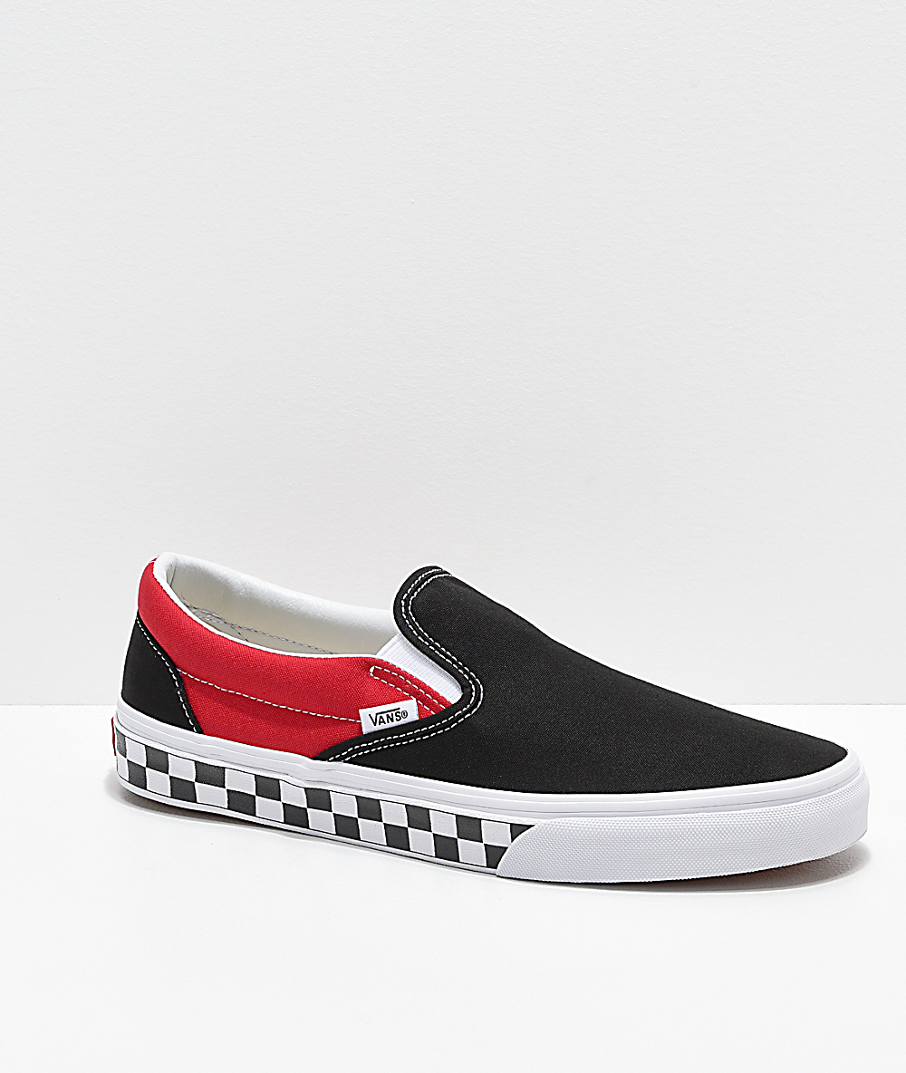 red and black checkerboard vans slip on
