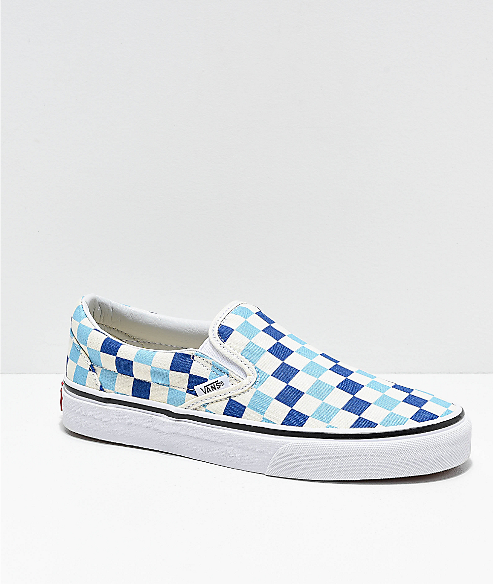 blue and white checkerboard slip on vans