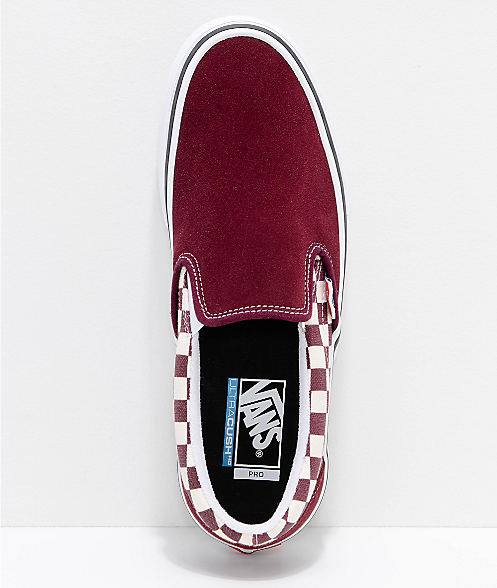 burgundy checkered vans slip ons