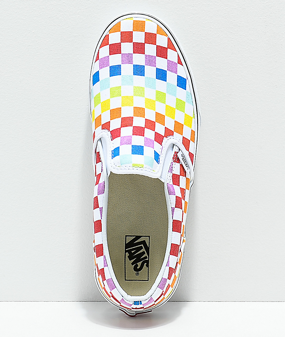 rainbow checkerboard slip on vans