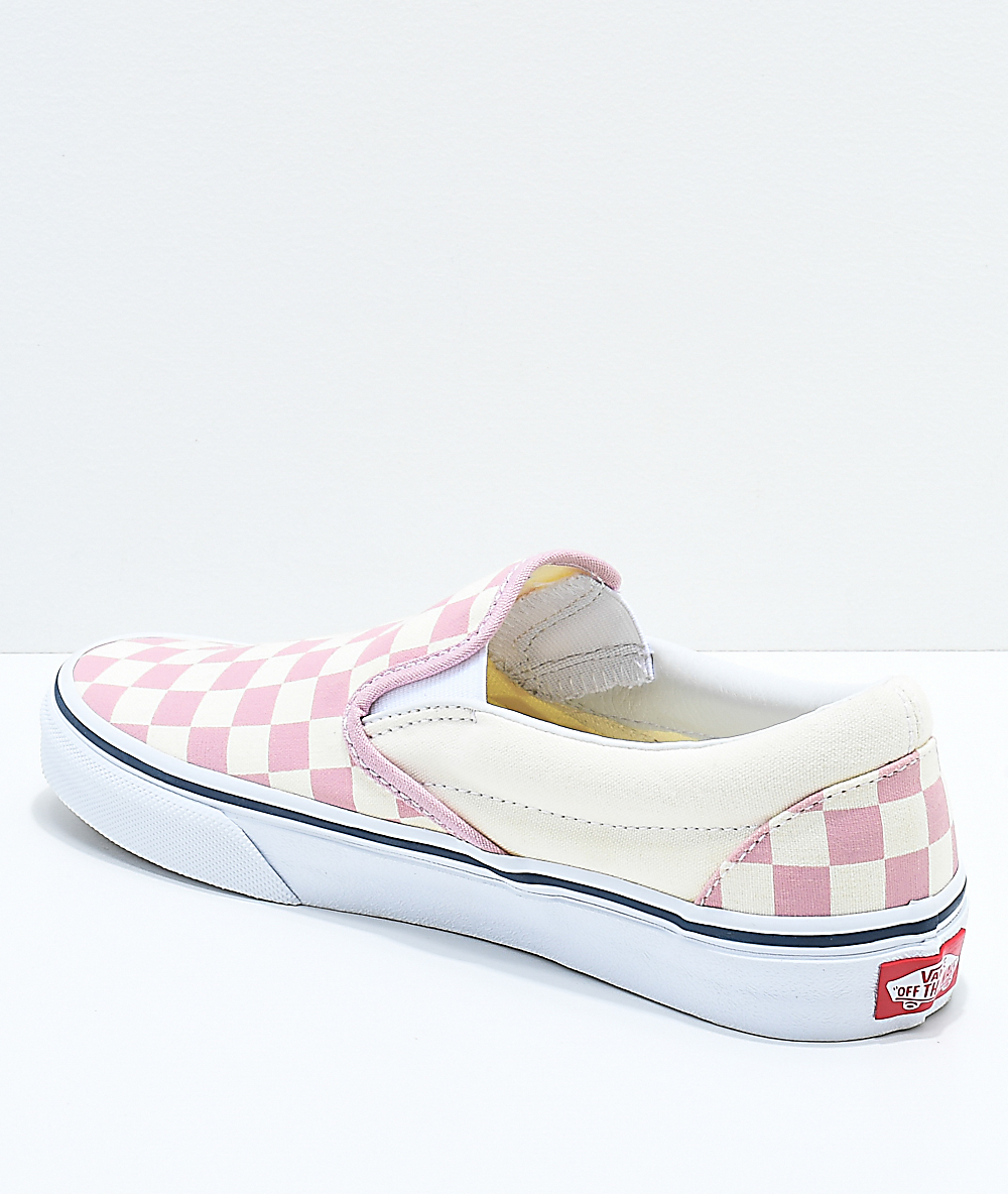 vans slip on zephyr pink & white checkered skate shoes