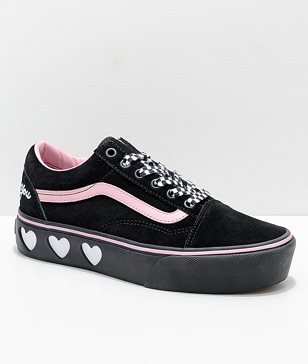 pink and black vans with hearts