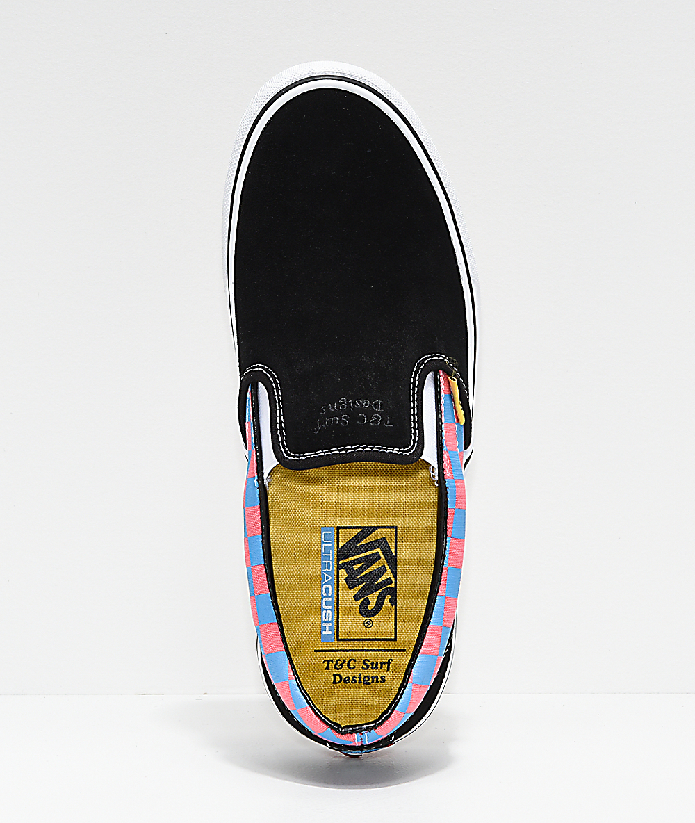 pink and blue checkered vans
