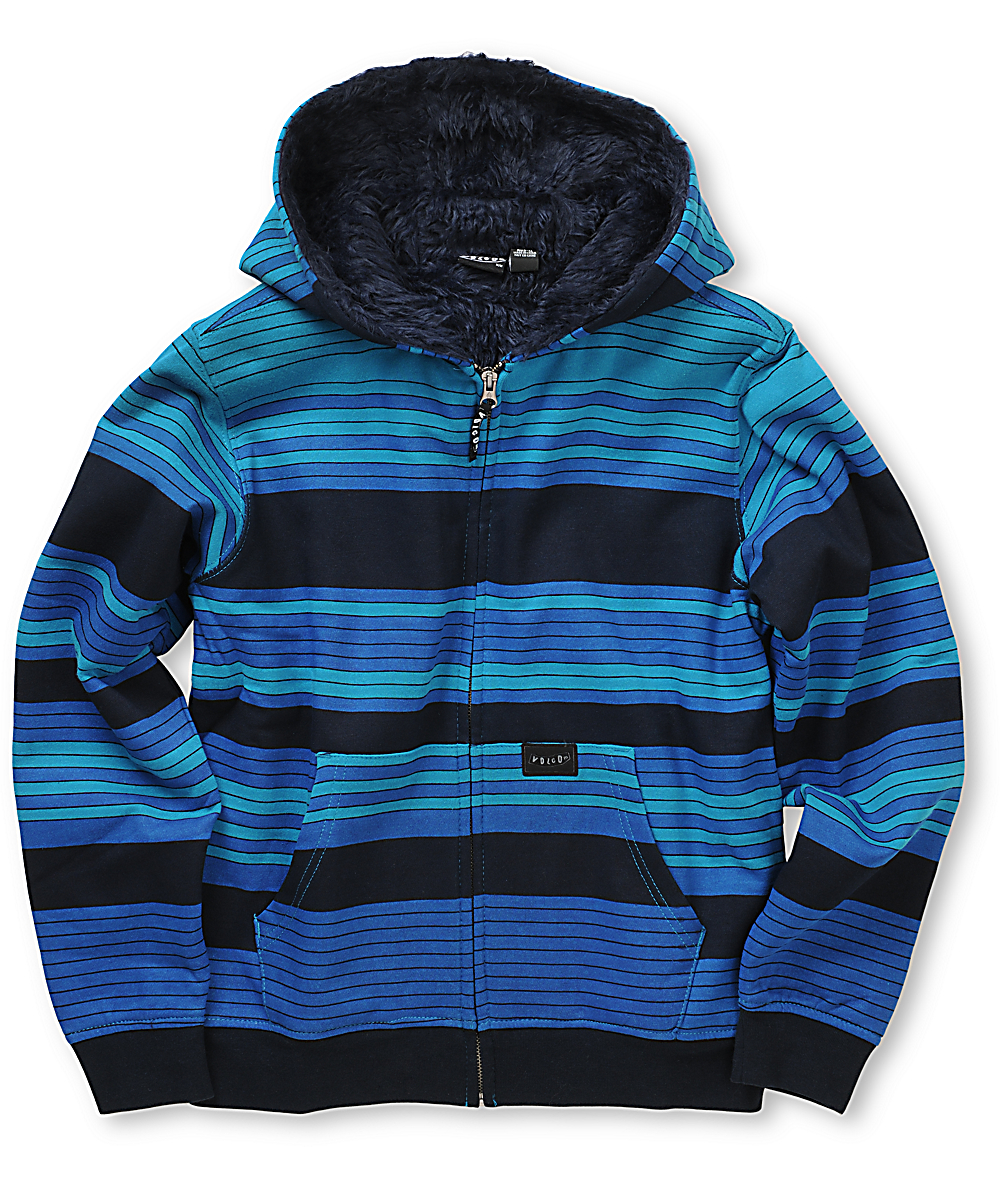 Volcom Boys Dirked Fur Lined Blue Striped Zip Up Hoodie | Zumiez