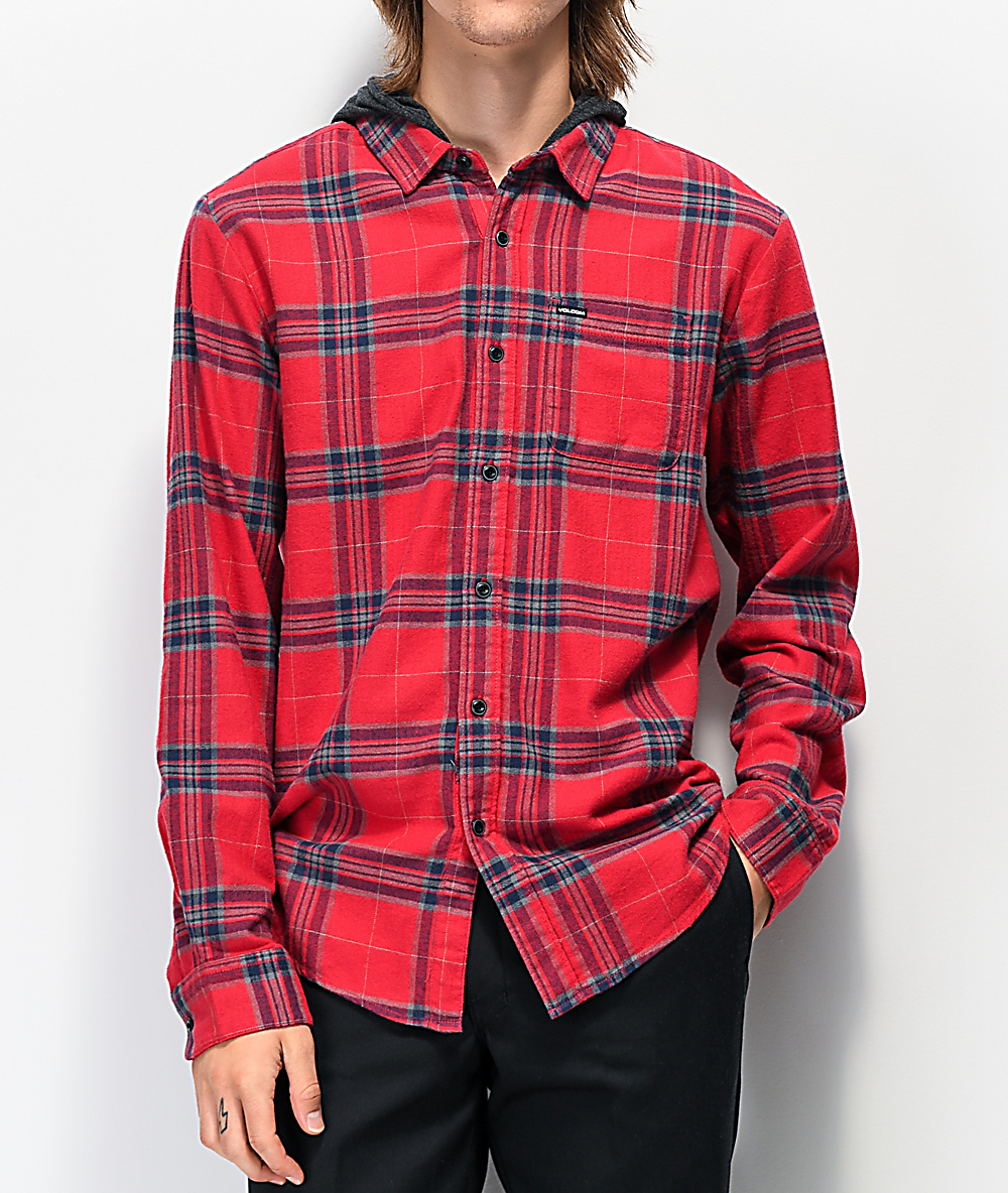 red hooded flannel shirt