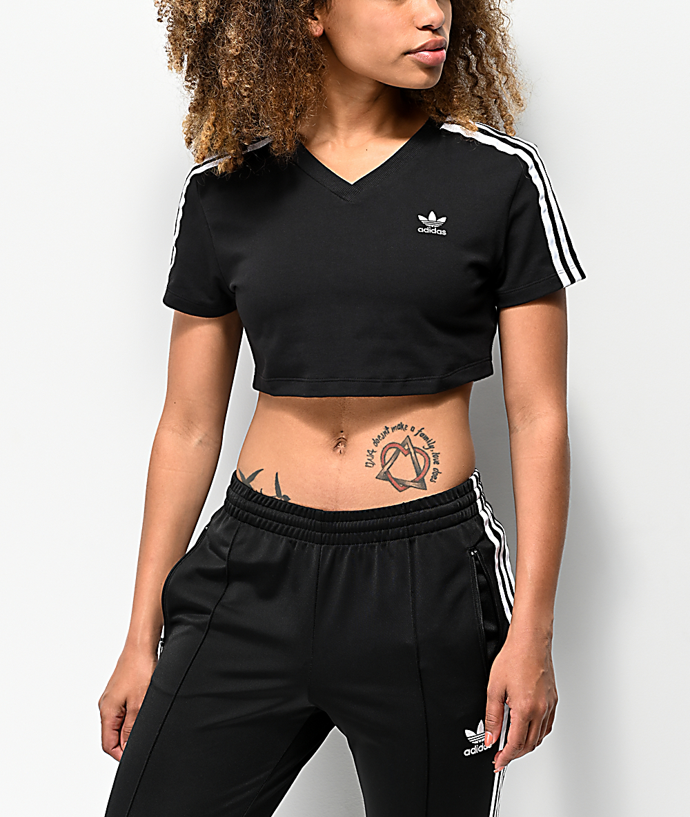 Adidas 3 Stripe Black Crop T Shirt Zumiez
