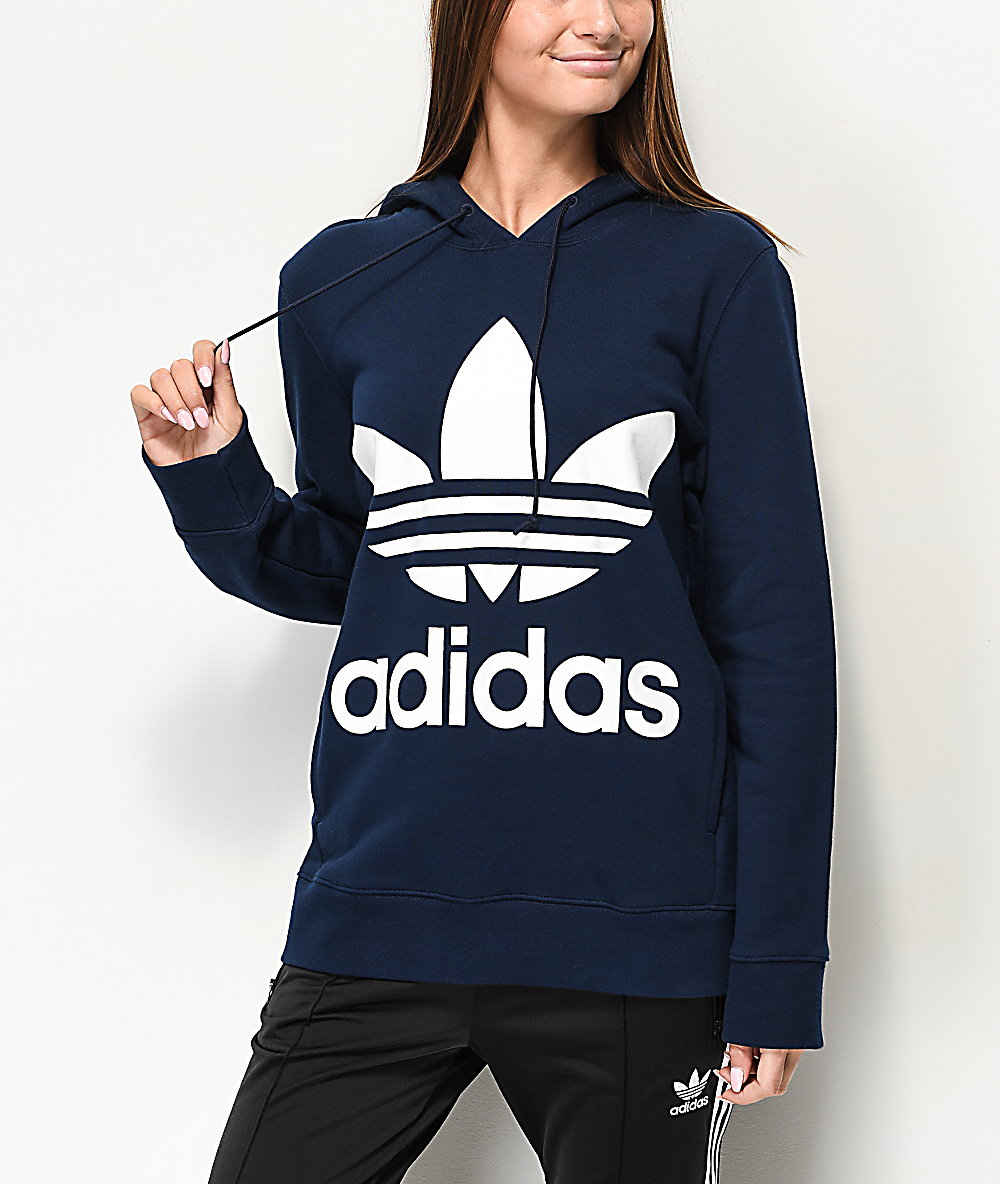 navy blue adidas trefoil hoodie