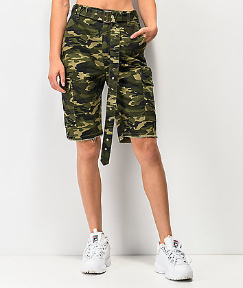Almost Famous Dark Green Camo Belted Boyfriend Cargo Shorts