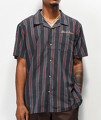 Dark Seas Striker Navy & Red Striped Woven Short Sleeve Button Up Shirt
