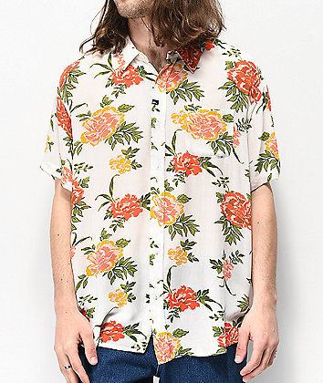Imperial Motion Vacay White Floral Woven Short Sleeve Button Up Shirt