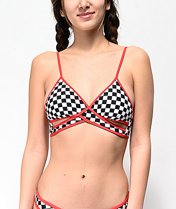 Malibu Check Please Black & White Checkered Wrapped Triangle Bikini Top