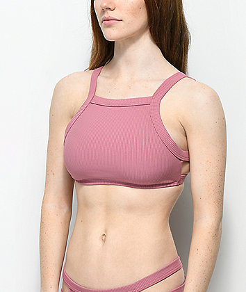 Malibu top de bikini acanalada con cuello alto en color malva
