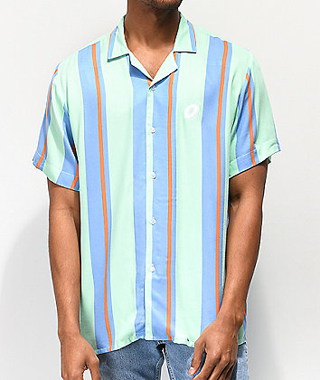 Odd Future Teal & Blue Vertical Striped Short Sleeve Button Up Shirt