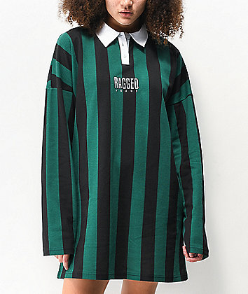 Ragged Jeans Elevator Green & Black Striped Long Sleeve Polo Dress