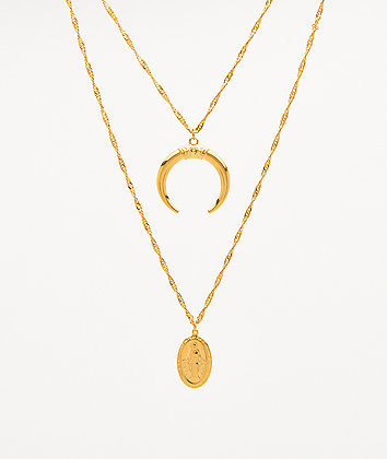 The Gold Gods Layered Crescent and Virgin Mary 20" Gold Chain Necklace