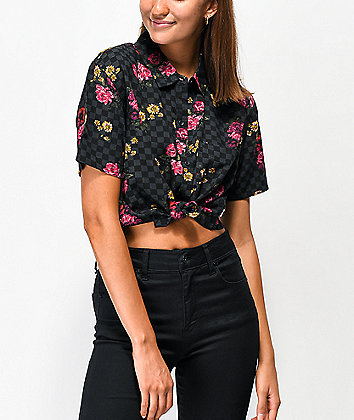 Vans Botanical Checkerboard Black Woven Short Sleeve Button Up Crop Shirt