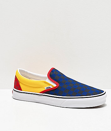Vans Slip-On OTW Rally Navy, Yellow & Red Checkerboard Skate Shoes