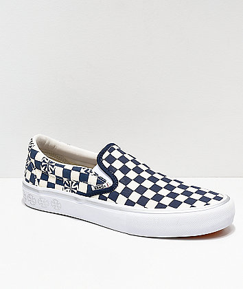 Vans x Independent Slip-On Pro Blue & White Checkerboard Skate Shoes