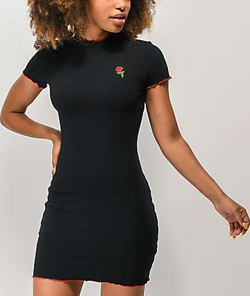 rose black multi embroidered bodycon dress