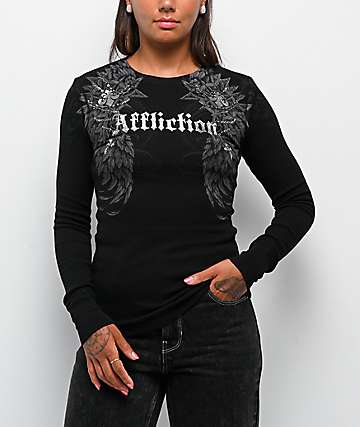 Affliction Angels Distressed Grey Wash Boxy Crop Hoodie